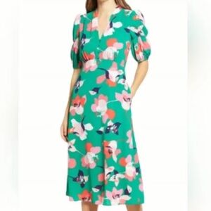 Vince Camuto Teal Floral Midi Dress with Puff Sleeves